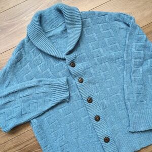 Vtg Shawl Collar Cardigan Blue Basketweave Geometric Knit Button Sweater Size M